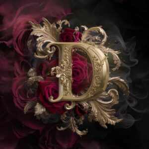 Ornate gold letter 'D' with Baroque patterns and dark velvet roses, surrounded by a luxurious gradient of burgundy and black."