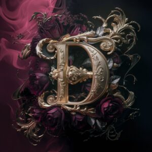 Luxurious Baroque letter 'D' adorned with golden patterns and dark floral elements, on a backdrop of rich burgundy and black mist."