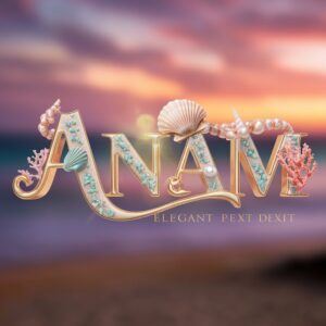 Anam" text with delicate seashell motifs, set against a beautiful, warm beach sunset.