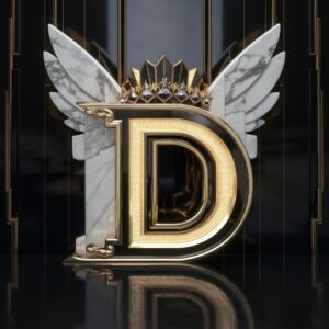 Opulent letter 'D' featuring white marble wings and a glowing Art Deco crown on a black background."