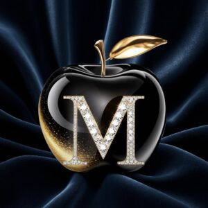 Sophisticated digital artwork of a glossy black apple with a golden 'M' embellished with diamonds, set against a dark, elegant background."