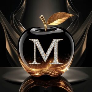 Glossy black apple with a golden stem and leaf, featuring a diamond-encrusted letter 'M' glowing in a dark background