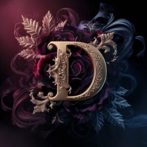 Baroque-style letter 'D' in elegant gold with intricate flourishes, set against a rich burgundy to black background with gold shimmer."