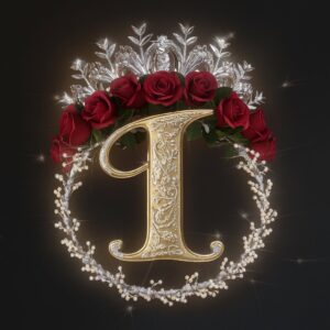 Royal name DP of 'I' in gold, surrounded by deep red roses, glowing leaves, and elegant silver accents