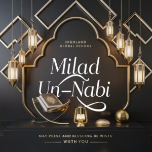 Contemporary Milad Un-Nabi design featuring a sleek Quran and crescent moon with lantern."