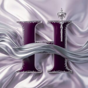 Rich purple letter 'H' decorated with silver filigree and a jeweled scepter, on a pearlescent white background