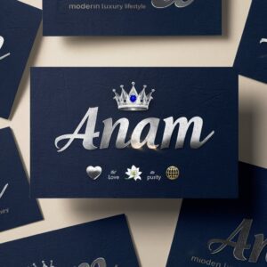 Navy and silver business card showcasing "Anam" in cursive, crowned with platinum, and playful icons below.