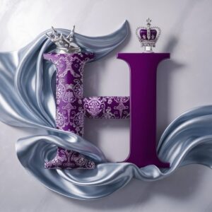 Ornate royal purple 'H' with intricate silver filigree patterns and a studded scepter on a white backdrop