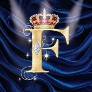 Golden 'F' crowned in majesty, sparkling with diamonds, set on luxurious velvet blue."