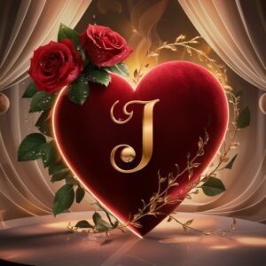 Luxurious heart with a gold 'J,' encircled by lush roses and greenery, set in a warm, romantic atmosphere