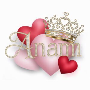 Anam name in gold with delicate heart accents, floating crown, and a pristine white backdrop