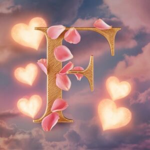 Golden letters of "F" bloom with pink roses, set against a radiant sky filled with soft, glowing hearts.