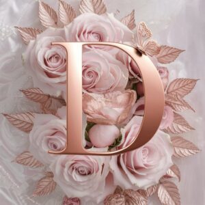 A rose gold-textured 'D' adorned with pink roses and a heart-patterned butterfly.