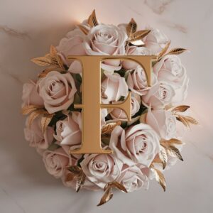 Luxurious gold 'F' intertwined with pastel roses and gold accents, creating a serene and elegant design."