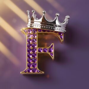 Stunning gemstone "F" in rich purple, embellished with gold and a soft golden crown on top.