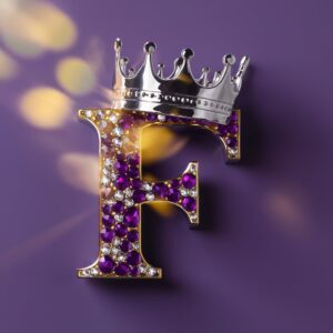 A royal gemstone "F" glowing in purple and gold, crowned with a regal golden crown.