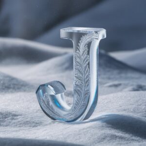 Crystal-clear letter "J" with icy textures and falling snowflakes, perfect for a wintry name DP.