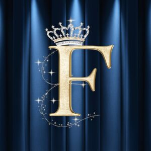 Elegant 'F' in gold, with a radiant crown and star motifs, illuminated on a rich blue velvet background."