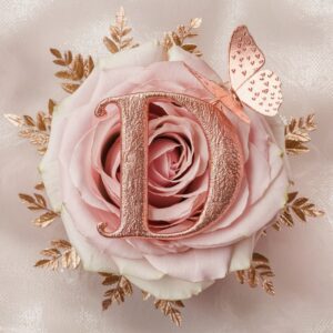 Luxurious rose gold 'D' surrounded by delicate roses and a butterfly on a pearlescent backdrop