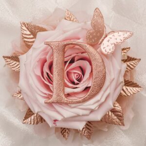 Romantic letter 'D' in rose gold with soft pink flowers and a graceful butterfly.