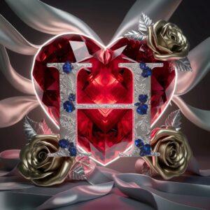 "A ruby-red crystal heart with the letter 'H' in silver, surrounded by golden roses and flowing silk ribbons."