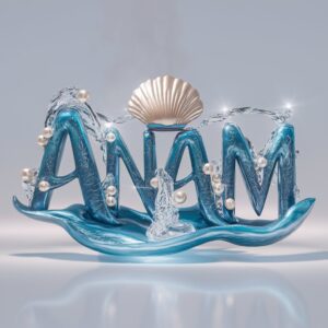 Anam in oceanic blues with a pearl-adorned crown, glowing softly against a white backdrop."