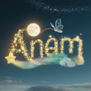 Enchanting "Anam Name DP" featuring a glowing moon, stars, and a delicate butterfly in a night sky.