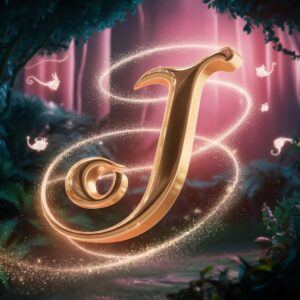 Magical forest name DP with the letter 'J' glowing in golden light, surrounded by twinkling stars and fairy dust."