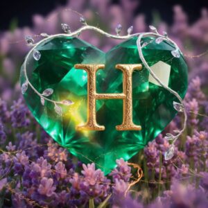 Mystical 3D emerald heart featuring the letter 'H,' highlighted with golden embossing and delicate silver floral accents