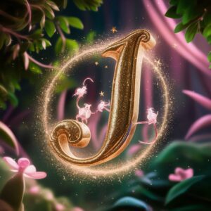 "A dreamy name DP for 'J' set in a mystical forest, featuring glowing gold lettering and a soft pink glow.