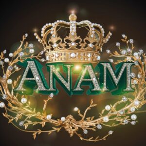 Anam Name DP in glowing emerald letters, crowned with gold and adorned with jewels and pearls."