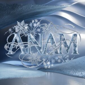 The name "Anam" glowing in frosty blue tones, with intricate snowflakes on a winter wonderland backdrop