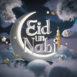 Magical silver "Eid Un Nabi" with moon and stars, set against a dreamlike indigo night sky.