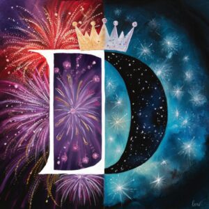 Captivating name DP image of the letter 'D' blending celebratory fireworks with a tranquil night sky."