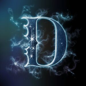 Ethereal letter 'D' adorned with cosmic designs and glowing constellations, surrounded by a nebula-like mist in deep blue."