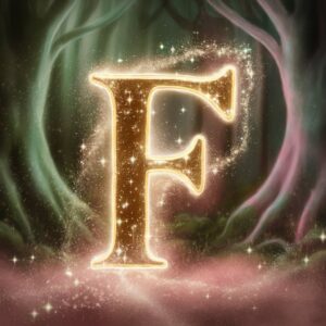 Enchanted forest vibes surround the golden letters of "F" in this whimsical name DP.