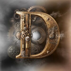 Intricate steampunk letter 'D' made of aged brass and copper with gears and rivets, against a smoky gray to bronze background."