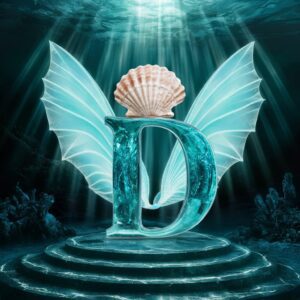 Shimmering aqua letter 'D' with translucent wings and a seashell crown in an underwater world."