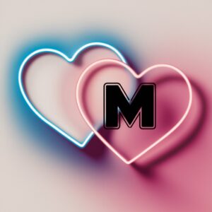 Retro-inspired design with overlapping blue and pink neon hearts and a bold 'M' in vintage font at the center."