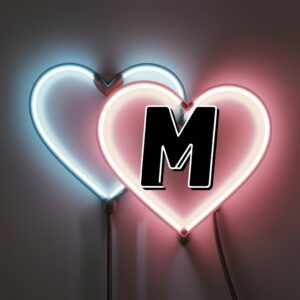 Retro neon hearts overlap, casting a soft glow with a bold 'M' at the center, blending nostalgia and modernity."