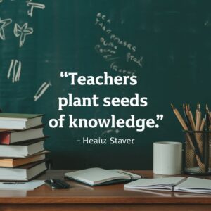 Neat teacher’s desk with the text: Teachers plant seeds of knowledge