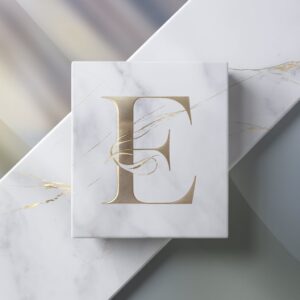 Minimalist marble letter E with subtle gold streaks, set on a clean and elegant muted background."