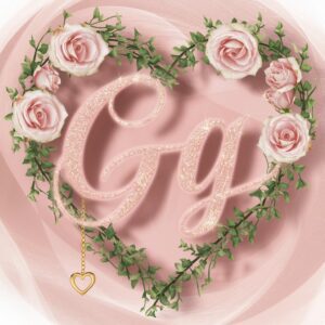 Soft pink 'G' with gold shimmer, surrounded by floral elements and a golden heart on a pastel background