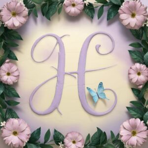 Ornate 'H' framed by a garden of pastel flowers and a butterfly in a cream background