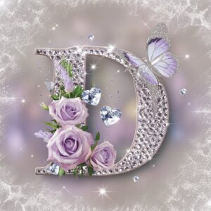 Shimmering crystal 'D' encircled by soft roses and heart gems, with a glittering butterfly.