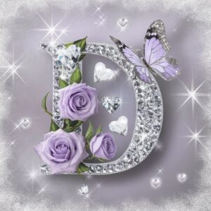 Elegant letter 'D' in crystal texture with roses and butterfly, set against a frosted background