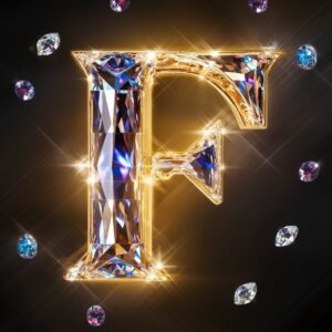 Faceted 'F' crafted from glowing crystals, surrounded by colorful floating gemstones on a radiant backdrop."