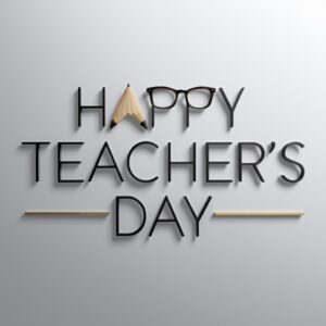 Minimalist design for Teacher's Day, featuring black and gray text with a pencil and glasses motif."