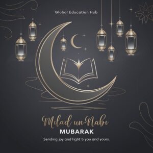 Minimalist Milad Un-Nabi card with gold line art crescent and lanterns for Global Education Hub."