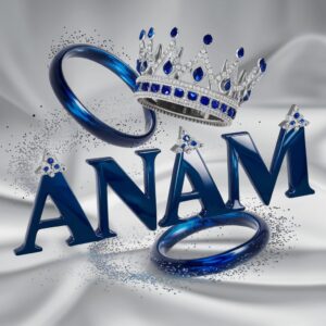 Fantasy-inspired Anam Name DP with a sapphire crown, radiant letters, and an enchanting sky scene."